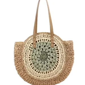 Sac Rond Paille Bohème Tissé avec Fermeture – Vert