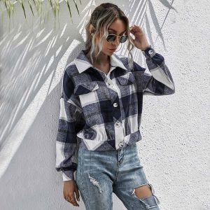 Veste à Carreaux Femme Courte Bleue