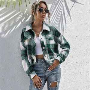 Veste à Carreaux Femme Courte Verte