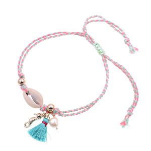 Bracelet de cheville pompon et coquillage Ilona – Turquoise