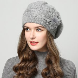 Béret Tricot Fleurs Gris