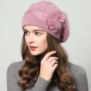 Béret Tricot Fleurs Rose