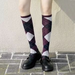 Chaussettes Hautes Argyle Bordeaux