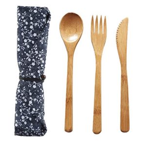 Set de Couverts Réutilisables en Bambou – Fleurs Bleues