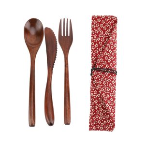 Kit de Couverts Réutilisables en Bambou – Fleurs Rouges