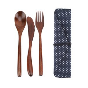 Set de Couverts Réutilisables en Bambou – Pois Bleus