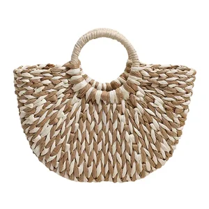 Petit Sac Paille Demi-Lune Raphia Marron et Blanc