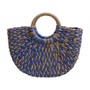 Petit Sac Paille Demi-Lune Raphia Marron et Bleu