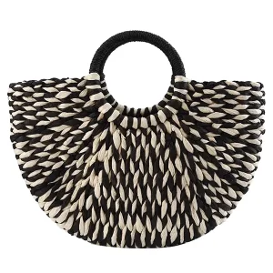 Sac Paille Demi-Lune Raphia Noir et Blanc