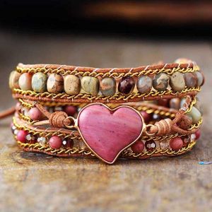 Bracelet Wrap Rhodonite Cœur – 3 Rangs
