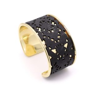 Bracelet Manchette Dorée et Liège Noir – Géométrique