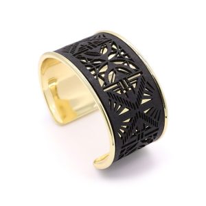 Bracelet Manchette Dorée et Liège Noir – Feuilles