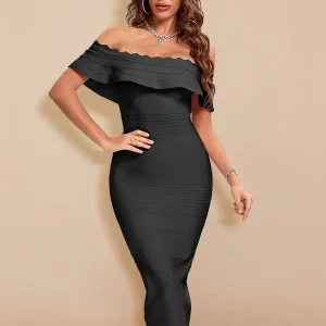 Robe Bandage Cocktail Midi Noir Col Bardot Volants