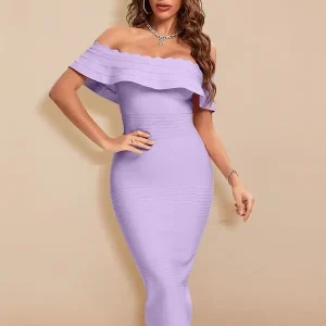 Robe Bandage Cocktail Midi Lavande Col Bardot Volants