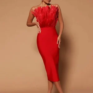 Robe Bandage de Soirée Rouge Coupe Midi et Bustier en Plumes