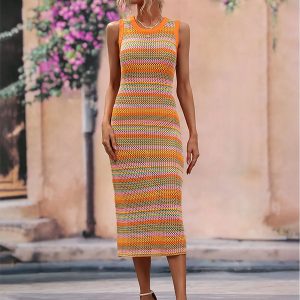 Robe Crochet Longue Rayée Bohème – Orange