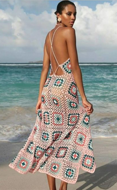 Robe Longue en Crochet Plage Bohème – Rose – Image 2