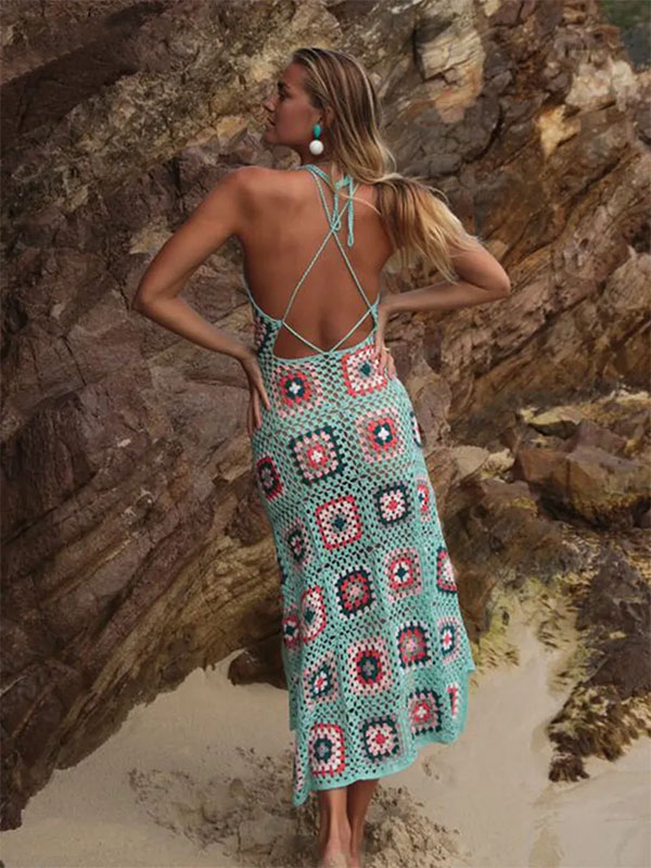 Robe Longue en Crochet Plage Bohème – Bleue – Image 2