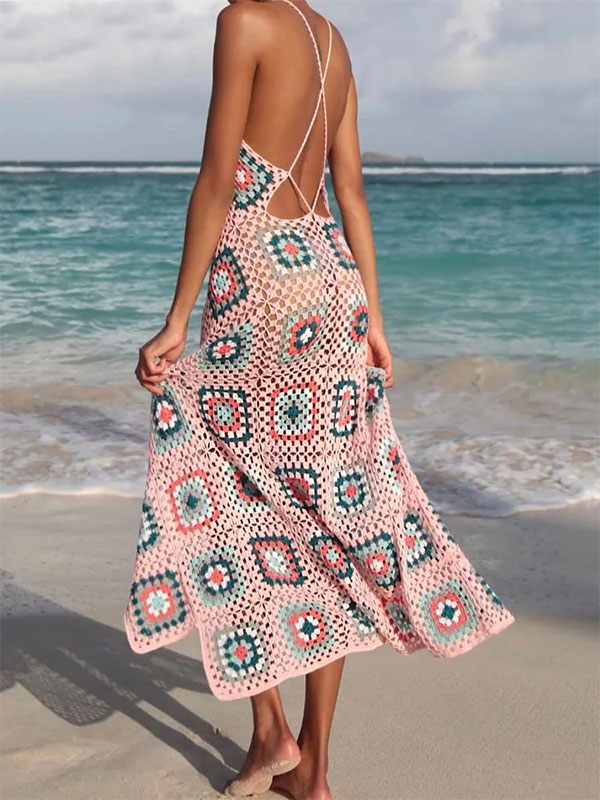 Robe Longue en Crochet Plage Bohème – Rose – Image 5