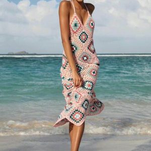 Robe Longue en Crochet Plage Bohème – Rose
