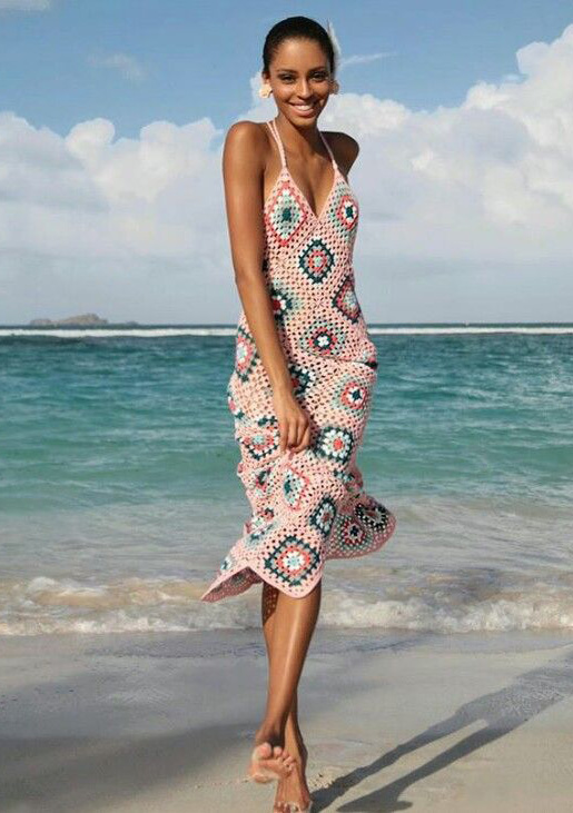 Robe Longue en Crochet Plage Bohème – Rose
