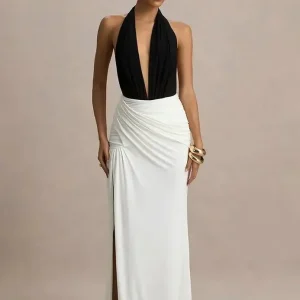 Robe de Soirée Longue Noire et Blanche Col Licou, Dos Nu et Fente