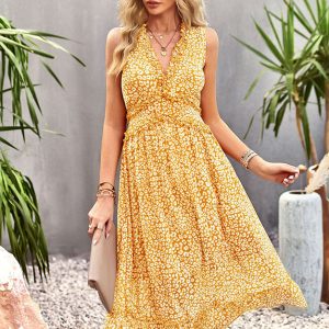 Robe Mi-Longue Bohème Col Froncé Jaune