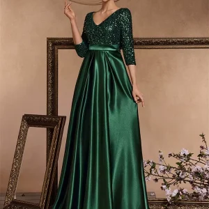 Robe de Soirée Longue Verte en Satin Bustier Sequin