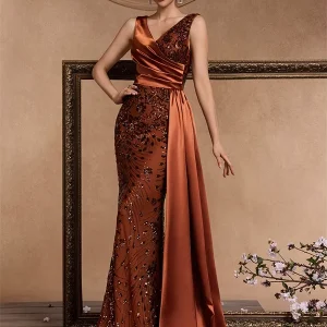 Robe de Soirée Longue Sirène Bronze Satin et Fleurs en Sequins