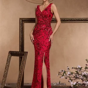 Robe de Soirée Longue Sirène Fendue Fleurs en Sequins – Rouge