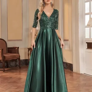 Robe de Soirée Longue Verte en Satin et Paillettes