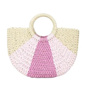 Sac à Main Paille Demi-Lune Rayé Rose