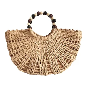 Sac à main Paille Demi-Lune et Poignée Perles en Bois