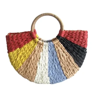 Sac Paille Demi-Lune Raphia Multicolore – Rouge