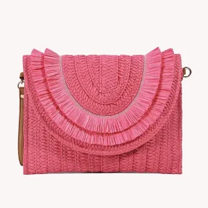 Sac Pochette Paille Franges Bohème – Rose